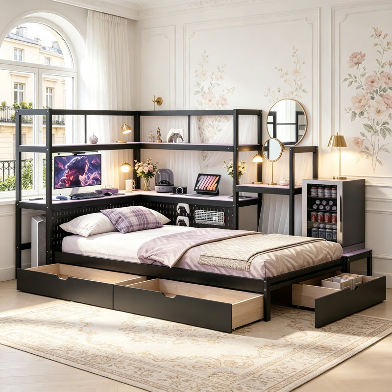 Lit de jour de jeu une place avec bureau intégré, éclairage DEL et rangement, tête de lit multifonctionnelle, Mauve et noir