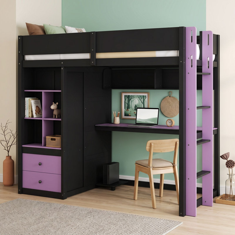 Lit mezzanine en bois avec bureau, armoire, rangement, port USB et éclairage DEL, Lit simple, Mauve / noir