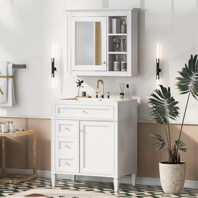 30'' Bathroom Vanity with Top Sink, Modern Bathroom Storage Cabinet with 2 Drawers and a Tip-out Drawer, Freestanding Vanity Set with Mirror Cabinet, Single Sink Bathroom Vanity