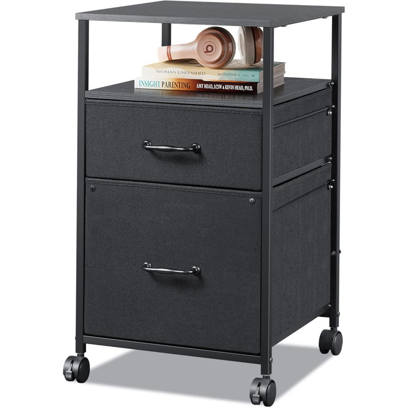 2 Drawer Mobile File Cabinet, Fabric Vertical Filing Cabinet With Open Storage Shelf,Rolling Printer Stand, Black