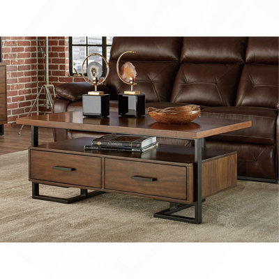 Table basse, cadre contemporain 1pc avec tiroirs en bois au fini noyer et meubles de salon en métal au fini noir rustique