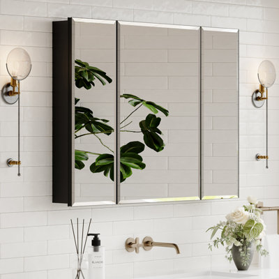 Armoire à pharmacie encastrée avec cadre en aluminium noir moderne de 36 po x H 30 po avec miroirs, charnières à fermeture en douceur et tablettes réglables en verre pour le rangement de maquillage, de rasage ou de salle de bain