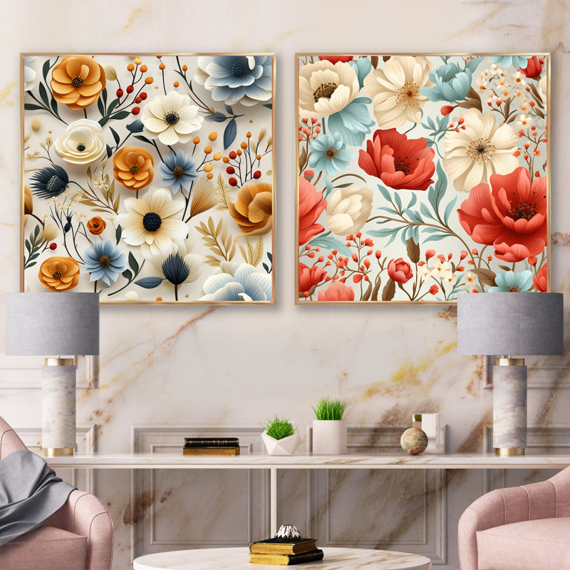 Poppy Dreams doré et blanc - ensemble de 2 collages carrés floraux, Cadre flottant doré, H 16 po x l 33 po