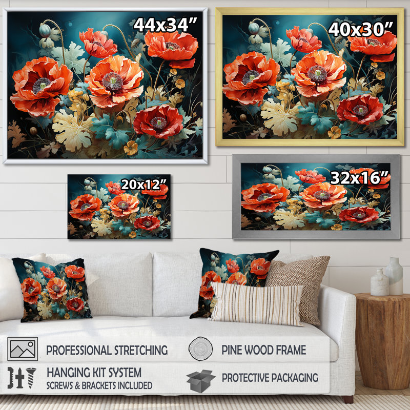 «Red and Green Poppy Reverie I», art mural coquelicots, Cadre flottant blanc, H 12 po x l 20 po x P 1 po