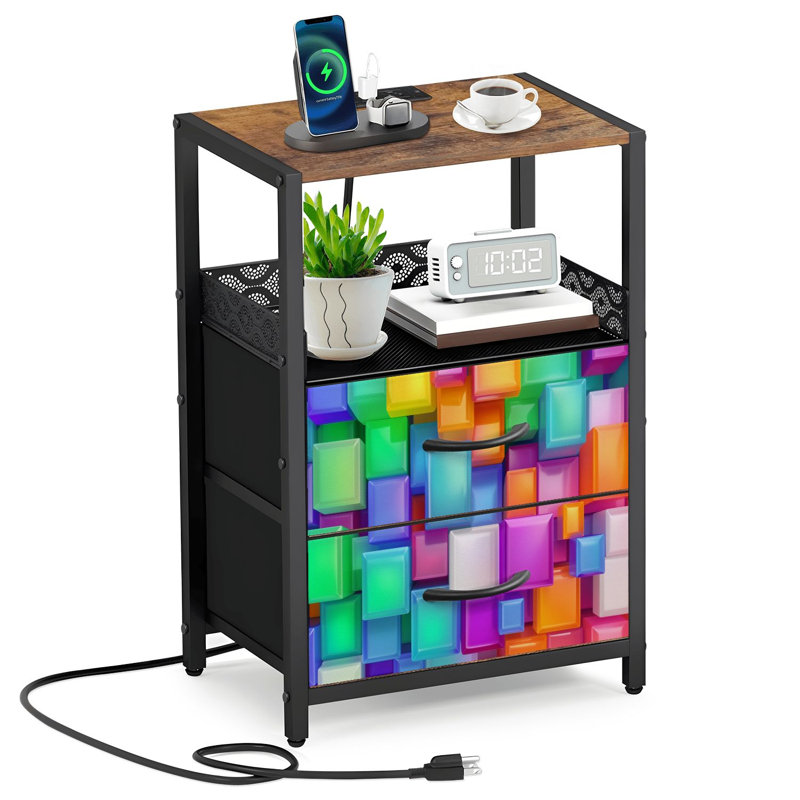 Table de chevet 2 tiroirs en tissu avec station de charge