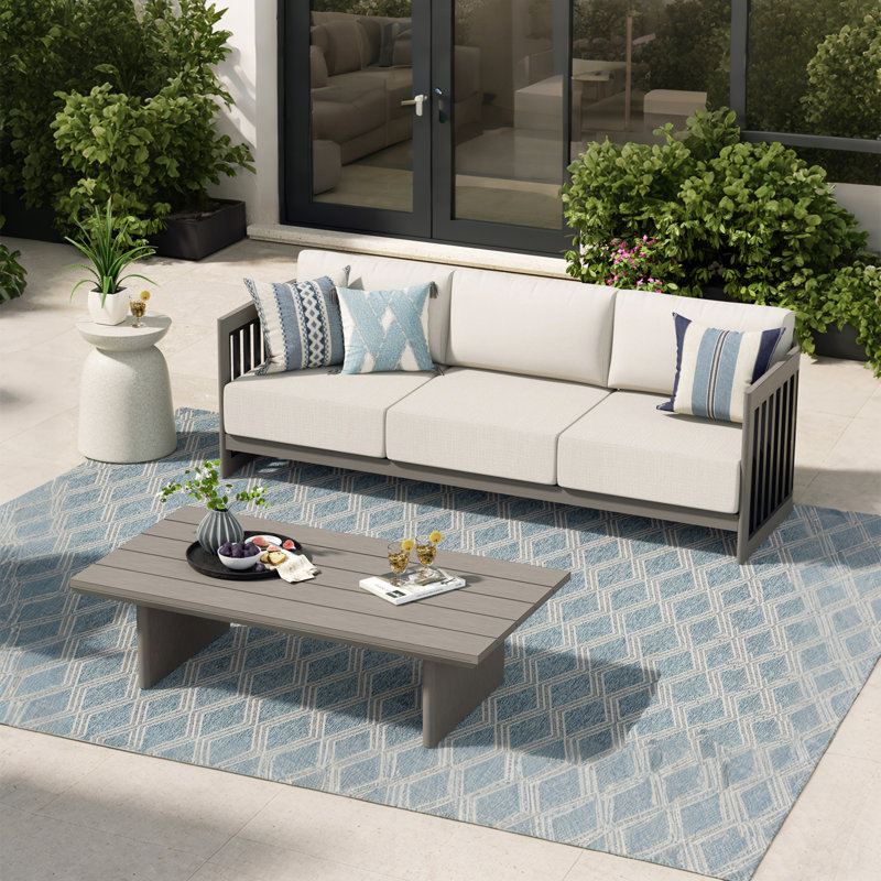 Sereno Patio Aluminum Conversation Set With Sofa, Coffee Table And Cushions, Gray