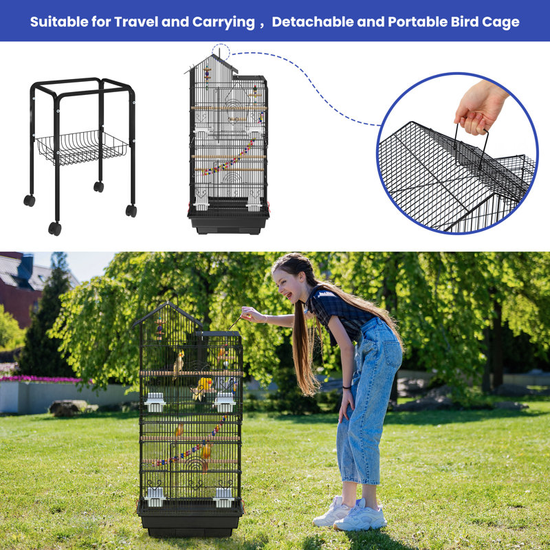 Large Black Metal Bird Cage with Rolling Stand and Toys