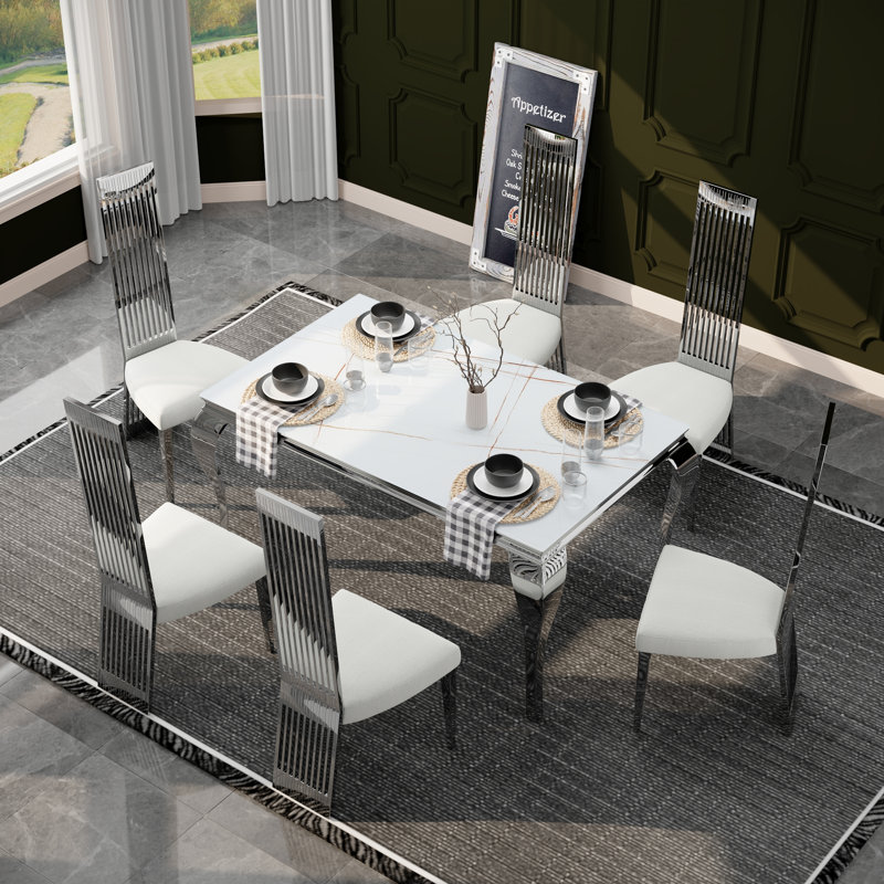 Kenzingtyn Rectangular Glass Top with Stainless Steel Base Dining Table, Silver