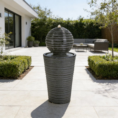 31.5"H Tall Striped Concrete Round Column Fountain,LED Outdoor Oasis
