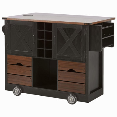 54" Farmhouse Kitchen Island With Drop Leaf, Power Outlet, Kitchen Storage Cart With 2 Doors, 2 Drawers, Rolling Kitchen Island On 4 Large Wheels With Spice Rack For Kitchen, Dining Room