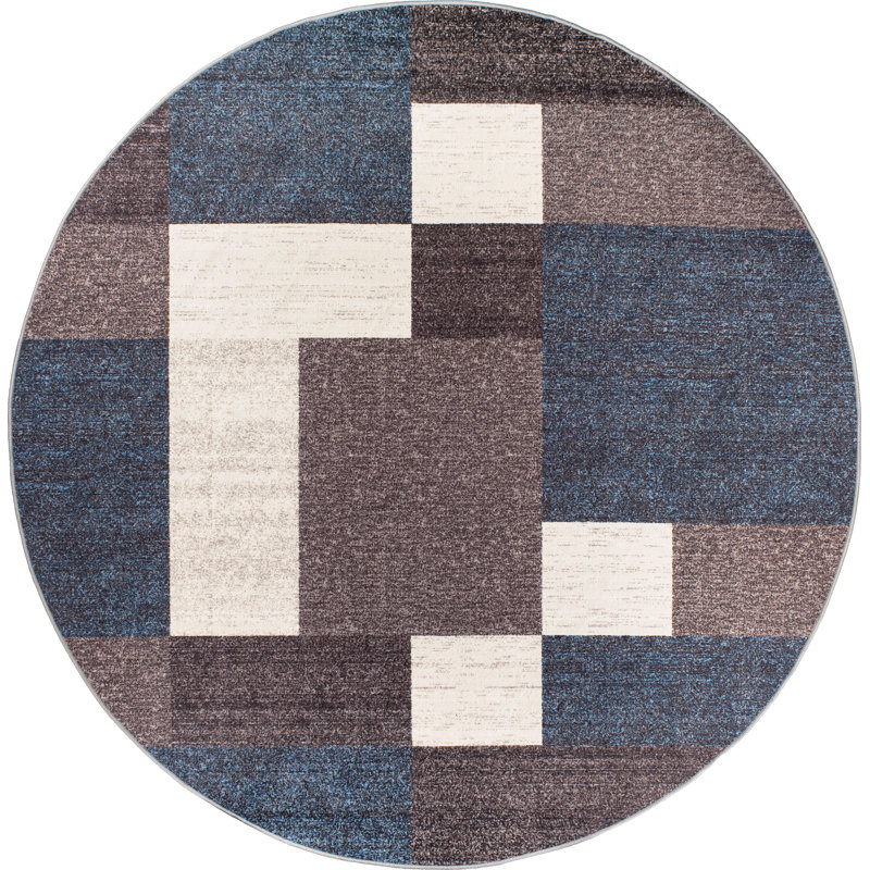 Tapis bleu touffeté à motif géométrique Allyne, Rond 8 pi