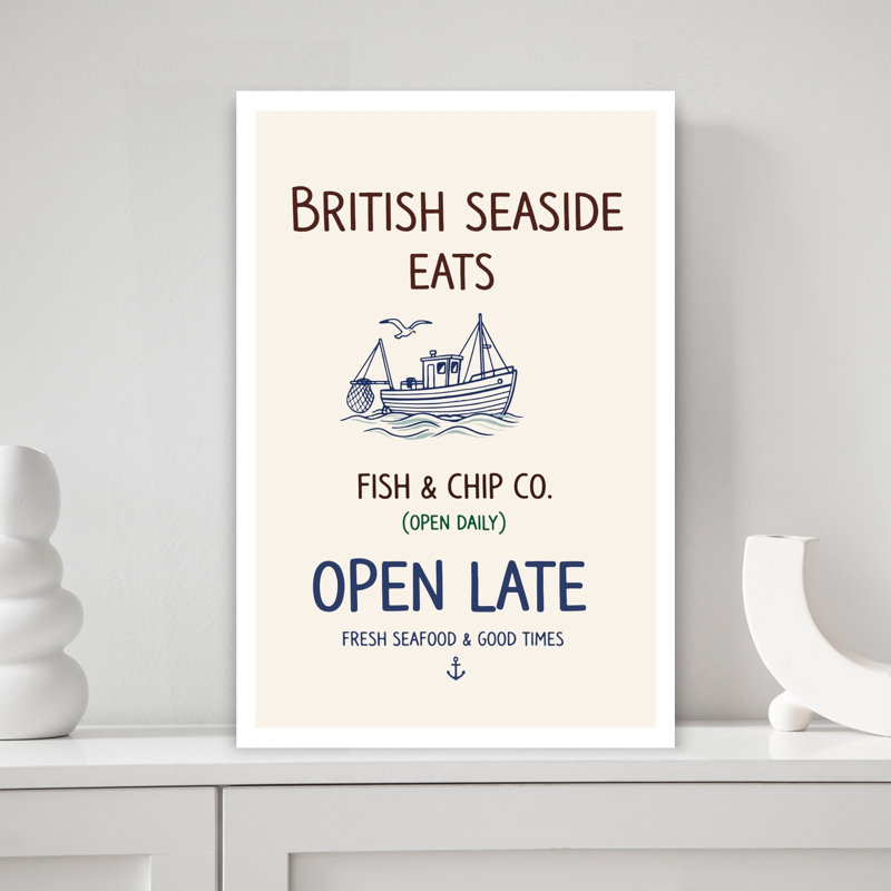«British Seaside Eats Retro Vintage Seagull Fish Coastal Ocean», art mural, H 18 po x l 12 po