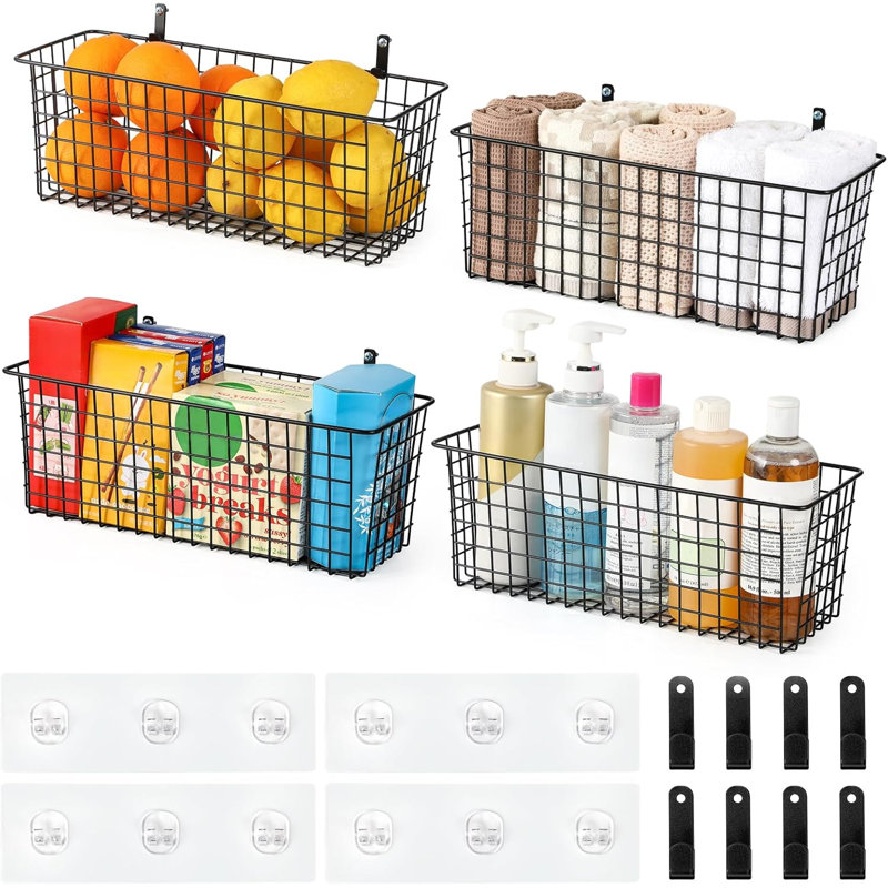 4 Set EXTRA LARGEHanging Wall Mount Storage Baskets with Adhesive Hooks & Steel Hooks, Multiuse Sturdy Wire Metal Organizing Baskets for Home Kitchen Bathroom Pantry Utility Organizer, Black
