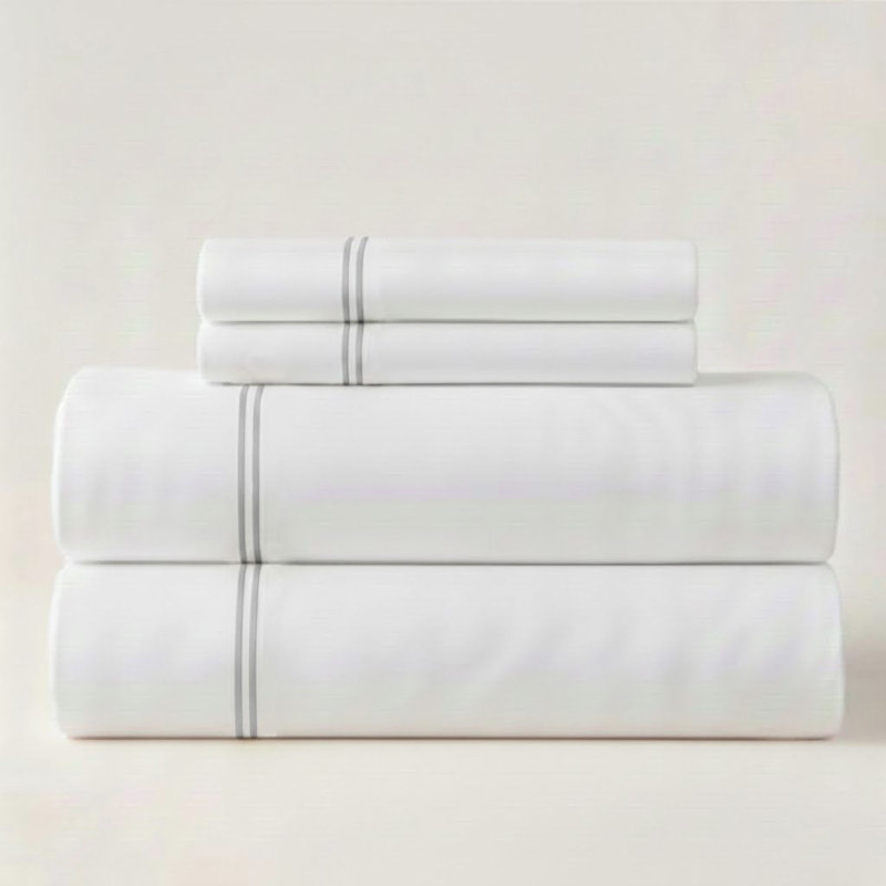 500TC Cotton Double Embroidery Sateen Solid Cotton 4 Piece Sheet Set Fitted Sheet Fits Upto 16" Deep Pocket, King Sheet Set