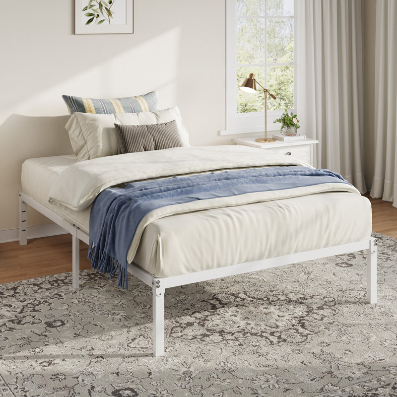 Structure de lit plateforme en métal 12 pouces avec espace de rangement, Lit simple, Blanc, 12"