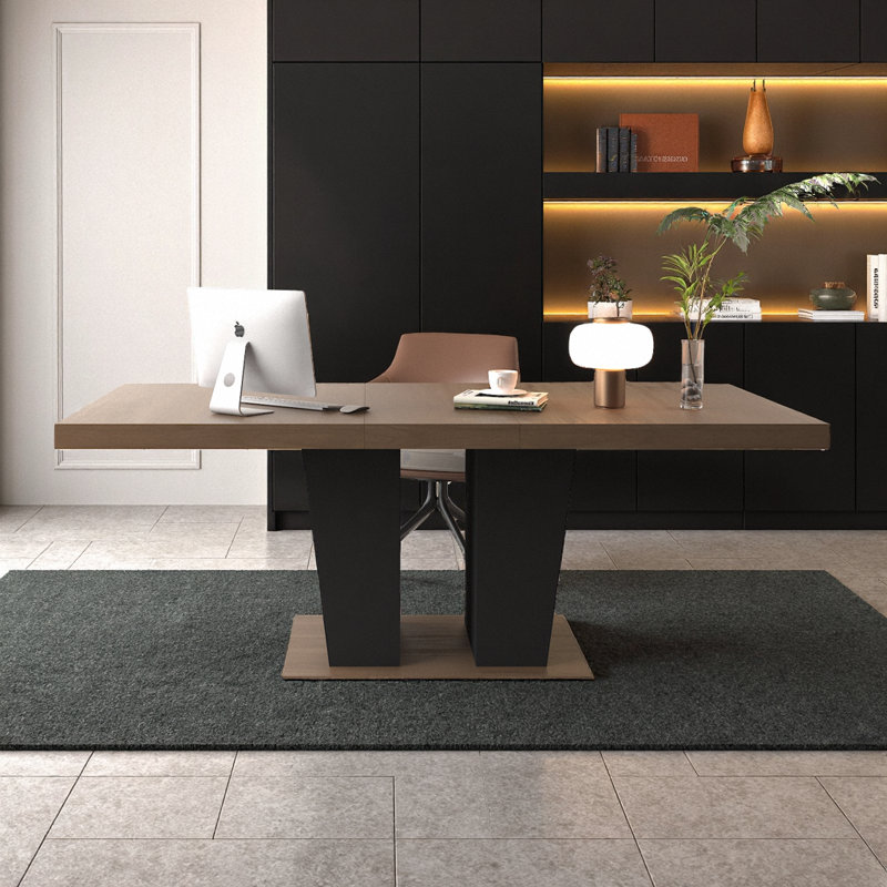 Table de salle à manger extensible en bois brun et brun avec base à double piédestal KELVIO - pour 4 à 10 personnes