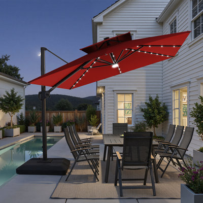12' X 9' Rectangular Patio Cantilever Solar Led Light Umbrella With Weighted Base