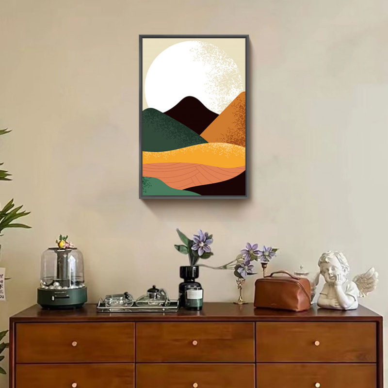 Soleil brillant avec montagnes - peinture sur toile encadrée, Cadre noir, H 16 po x l 12 po x P 1,3 po