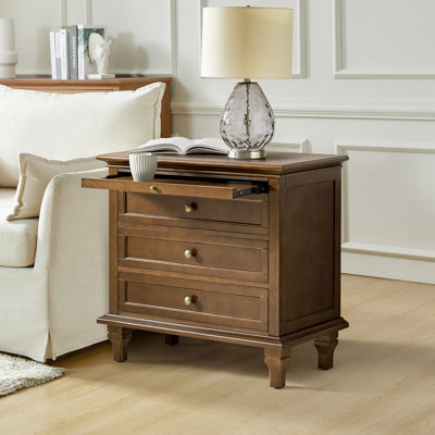 Arthelia Traditional 28.37''W 3-Drawer Nightstand with Charging Station and Pull-out Shelf 