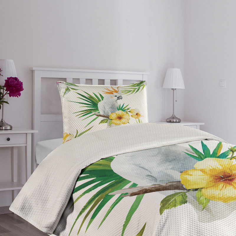 Tropical Parrot and Hibiscus Twin Quilted Bedspread Set