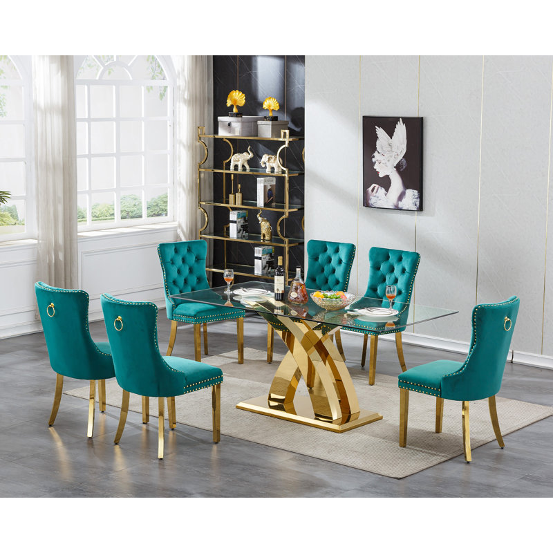 Glass Dining Table Set with Upholstered Dining Chairs, 70" Rectangle Kitchen Table and Chair Set, Clear Glass Dining Room Table Set, Modern Home Kitchen Furniture