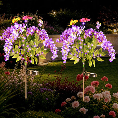 Lot de 2 lampes solaires à piquer en forme de glycine, 4 fleurs de glycine violettes et 3 papillons colorés, lampes DEL violettes à allumage automatique crépusculaire, éclairage décoratif extérieur étanche IP65 pour massifs de fleurs, allées et jardinières