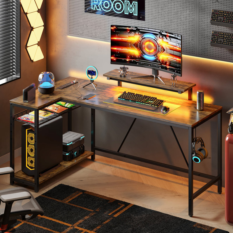 Baford Modular L-Shaped Steel Computer Desk with Built-In Electrical Outlet, 91.4cm H x 147cm W x 80cm D, Rustic Brown/Black