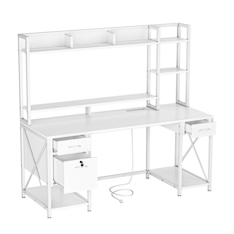 Screven Computer Desk with Drawers & Hutch Shelves, Office Desk with Power Outlets & LED Lights, White
