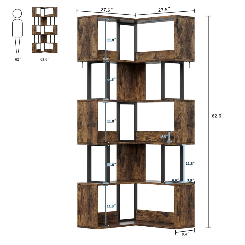 Space-Saving L-Shaped 6-Tier Corner Bookshelf, Brown