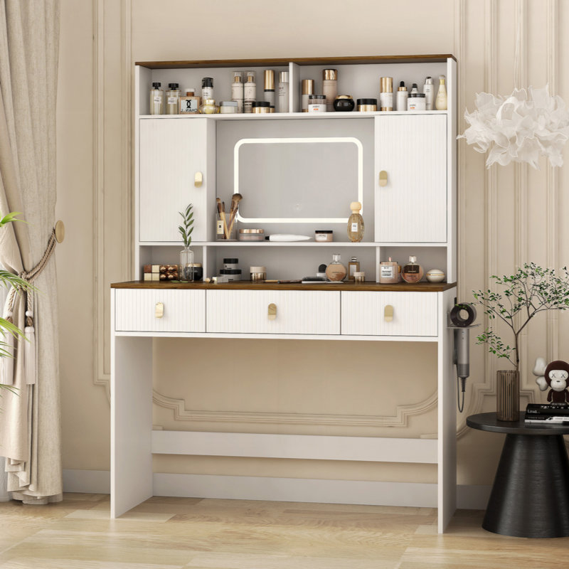 Farmhouse Dressing Table Makeup Table, 43" Wide Dressing Table With Lighted Mirror And Makeup Drawer, Large Modern Dressing Table Set With Hair Dryer Holder For Bedroom