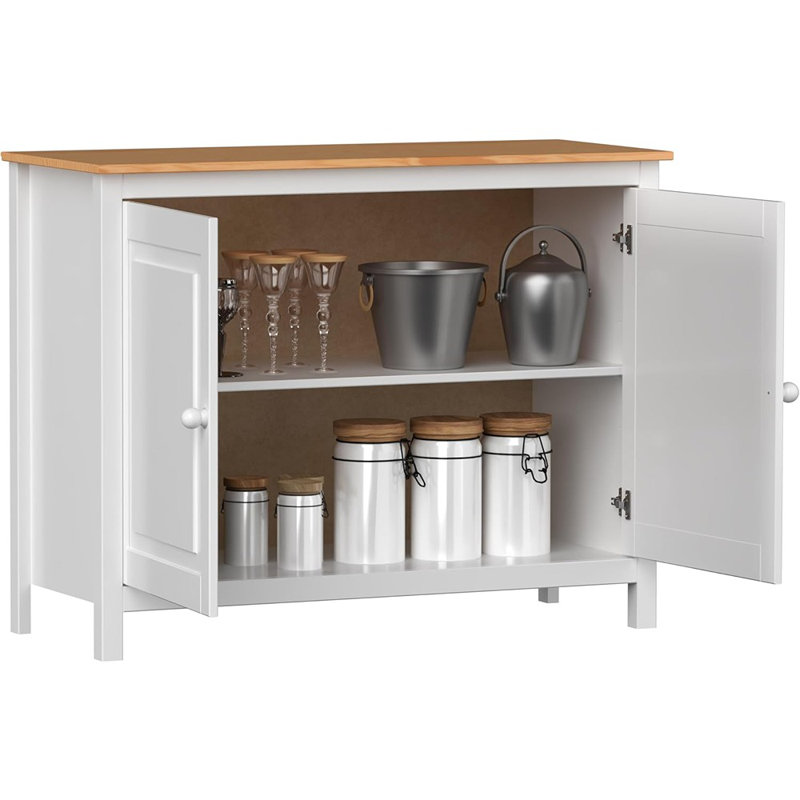 Buffet en bois massif blanc avec portes et tablettes réglables, rangement polyvalent pour la salle à manger, la cuisine ou le vestibule