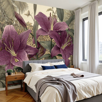 Papier peint adhésif rétro avec motif léopard mauve clair et léopard rétro style tropical H 69 po x l 96 po, papier peint amovible en PVC autocollant pour chambre à coucher, bureau à domicile