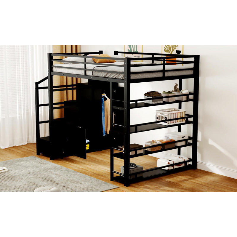 Grand lit mezzanine en métal avec tablettes de rangement, armoires et garde-robe, noir, Grand lit