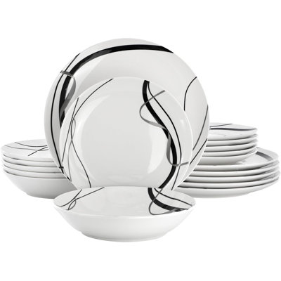 Service de vaisselle en porcelaine pour 6, assiettes et bols en ruban noir et blanc, 18 pièces allant au micro-ondes et au lave-vaisselle