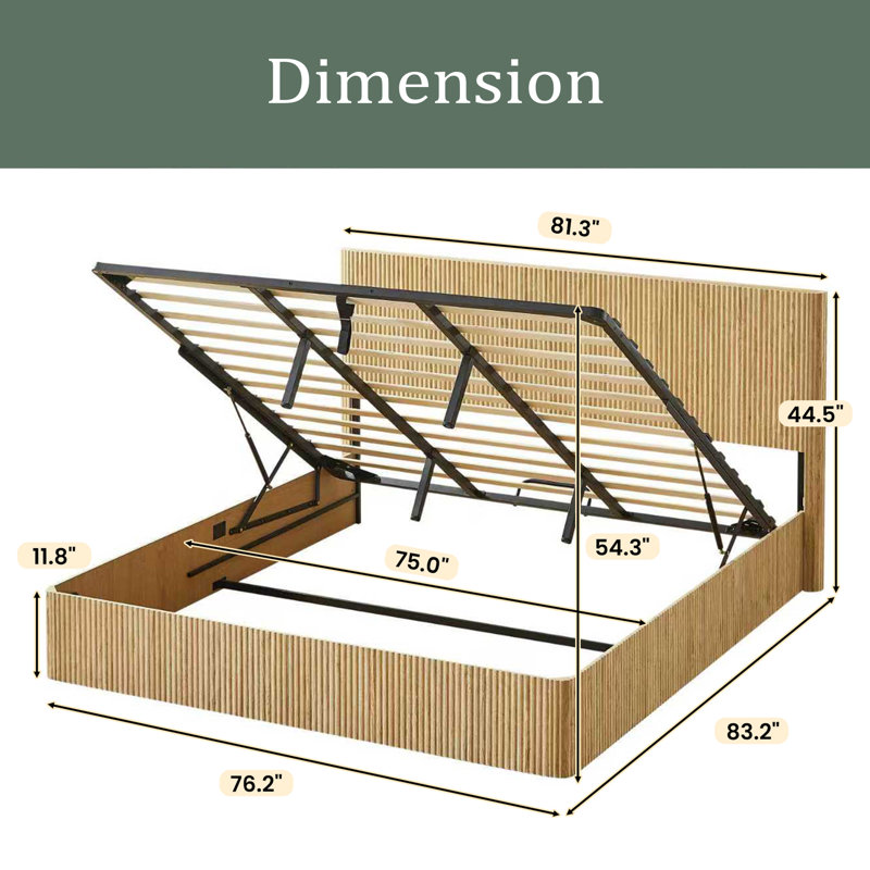 Structure de lit très grand avec rangement relevable, lignes courbes en bois ondulé, rangement hydraulique / aucun sommier requis