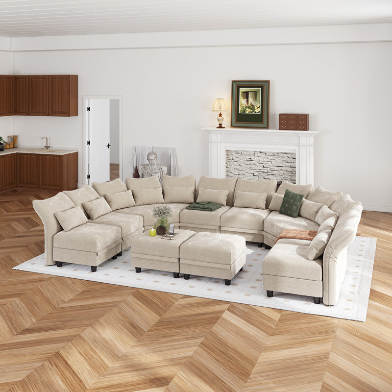 Canapé modulaire en chenille de 130 po avec repose-pieds Bernel, Microfibre / microsuède ivoire