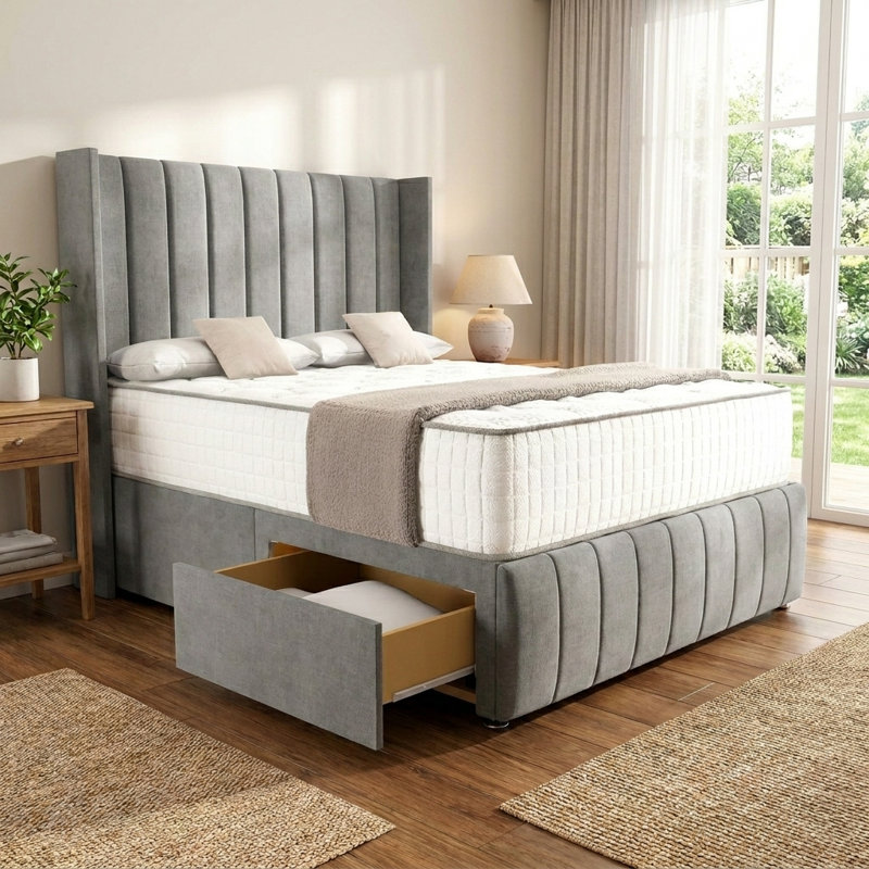 Upholstered Storage Bed, Plush Grey, Single (3ft): 95 cm x 209 cm