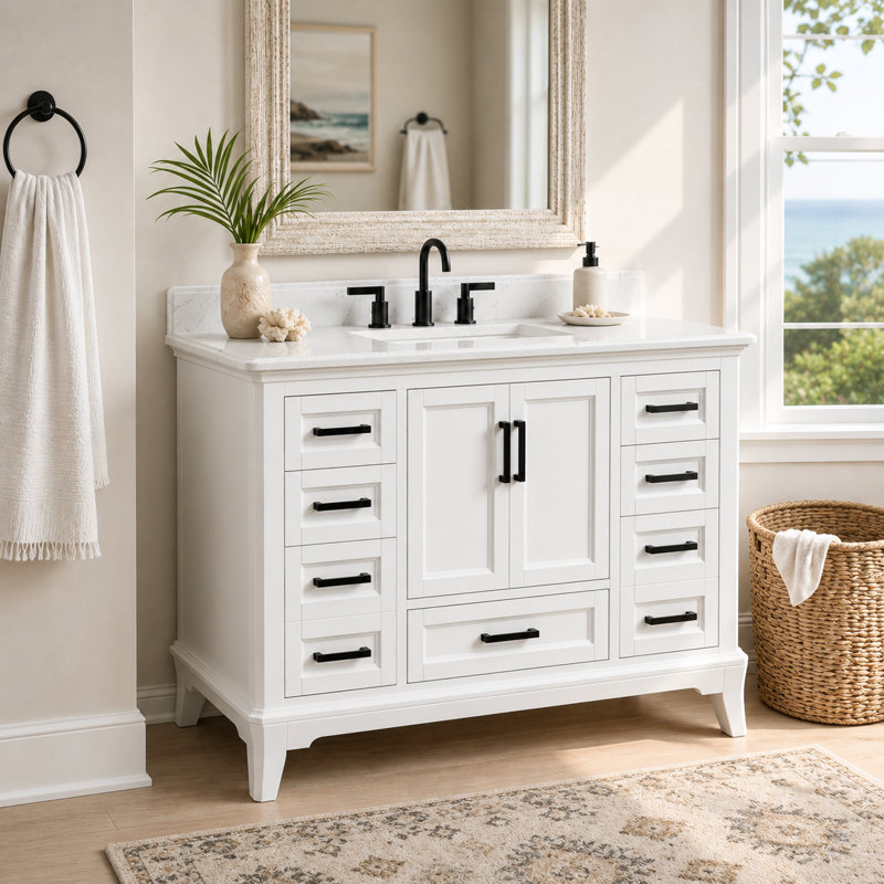 Rawsonville 48'' Free Standing Single Bathroom Vanity with Quartz Top, White, 48"