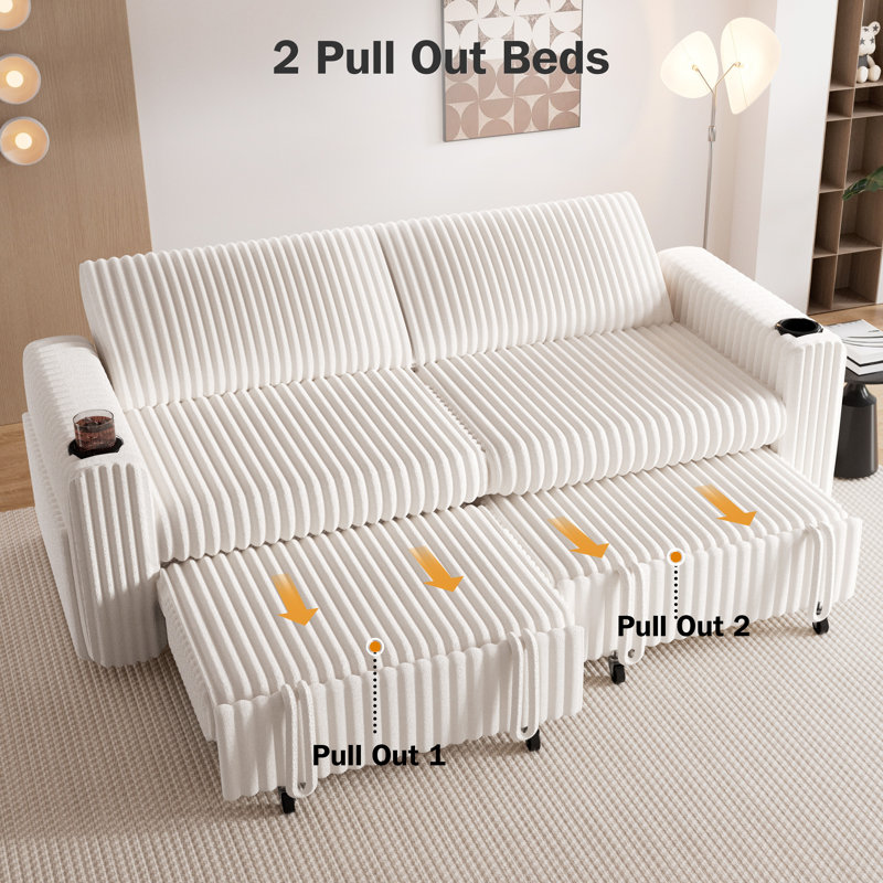 Sectional Sleeper Sofa Bed With Pull Out Bed, Oversized Loveseat Sleeper Sofa With Reclining Backrest/Two Pull Out Beds/Usb Ports/Cup Holders, Tool Free Assembly