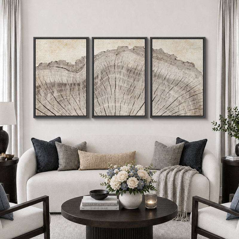 Tree Ring "Rustic Oak Wood Stump Artwork, Farmhouse Cabin Decor Neutral Wall Pictures, 3 Pieces Framed Canvas Digital Giclee Print Wall Art"