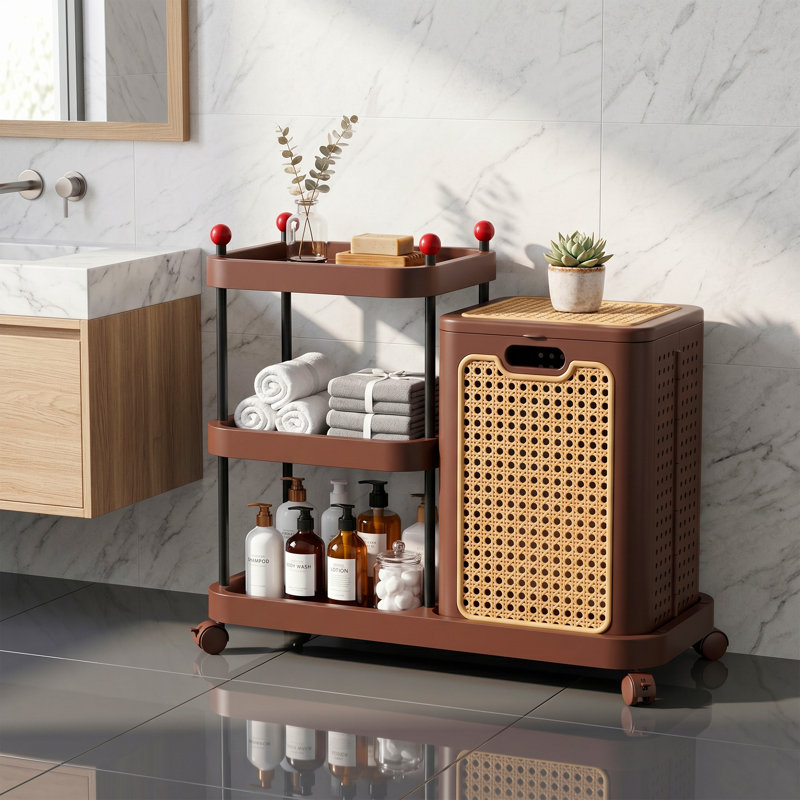 Panier à linge roulant avec tablettes de rangement, chariot à linge pliable amovible sur roulettes, rangement pour salle de bain, chambre à coucher et appartement peu encombrant