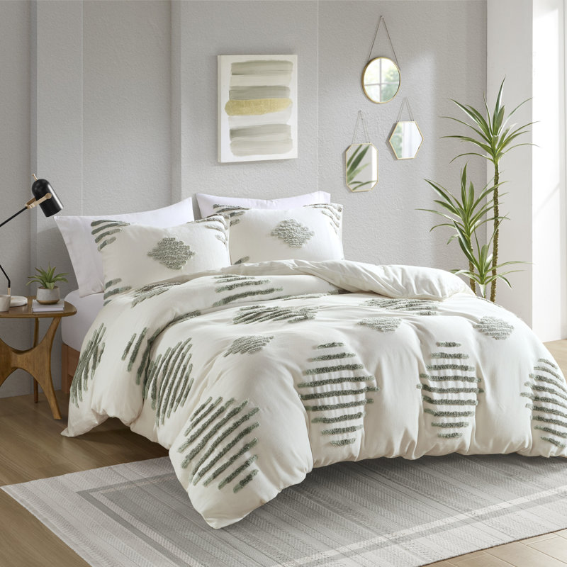 Tahli Green and Ivory Cotton Blend Chenille Full/Queen Duvet Cover Set