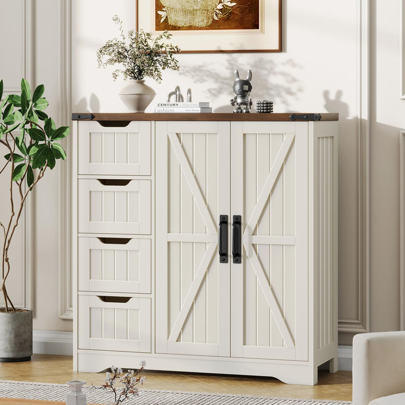 Farmhouse Bathroom Cabinet with 4 Drawers, White/Brown