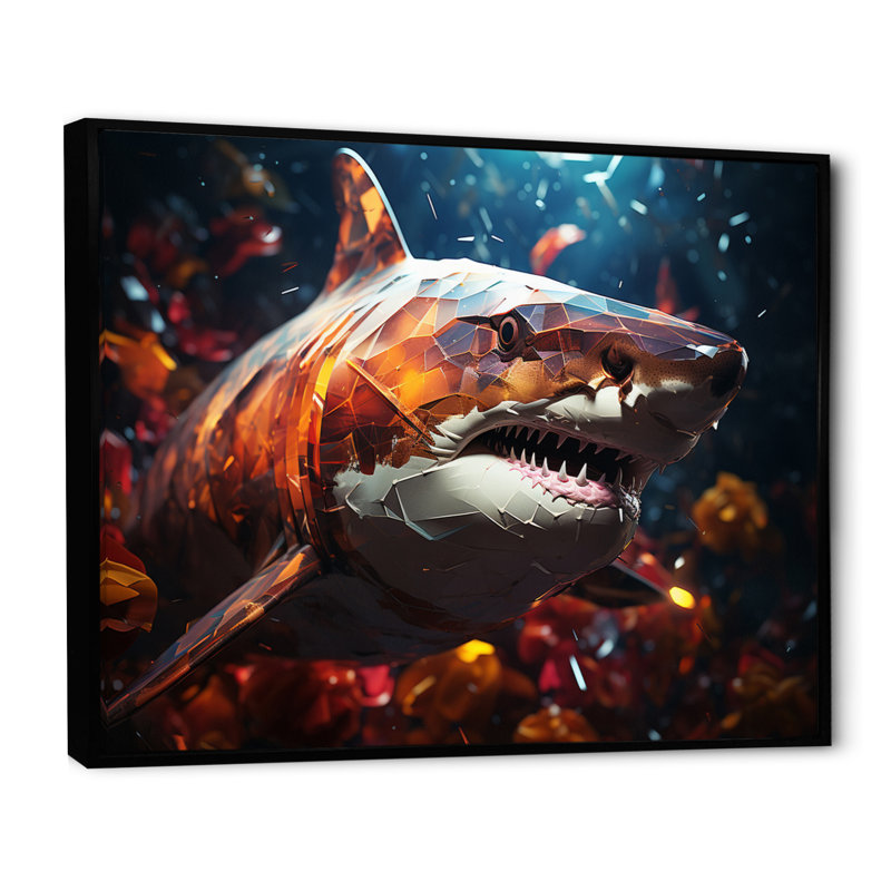 " Blue Shark Predators Glare Geometric I ", Black Floater Framed, 30" H x 40" W x 1.5" D