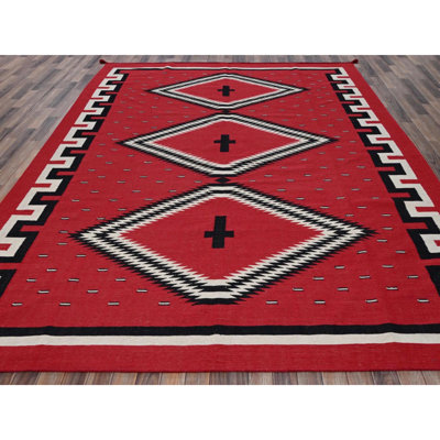 Tapis oriental rouge tissé à plat 9 pi 2 po x 11 pi 6 po, motif géométrique tissé à la main, 100% laine tissé à la main