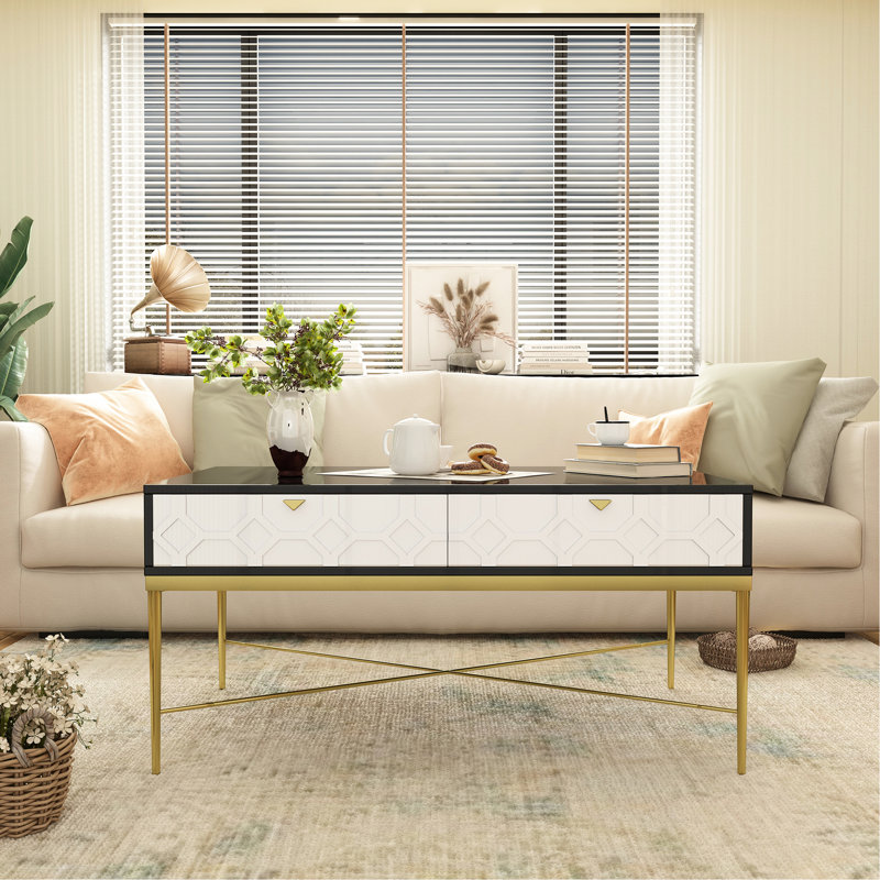 Table basse moderne avec agencement de couleurs noir et blanc, 2 tiroirs pour l'organisation, pieds en métal, structure inférieure en forme de X, 28,56 po de largeur contemporaine et avec tiroirs de rangement, conception octogonale
