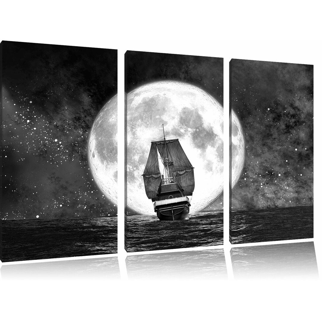 3-tlg. Leinwandbilder-Set „Segelschiff bei Vollmond“, Grafikdruck