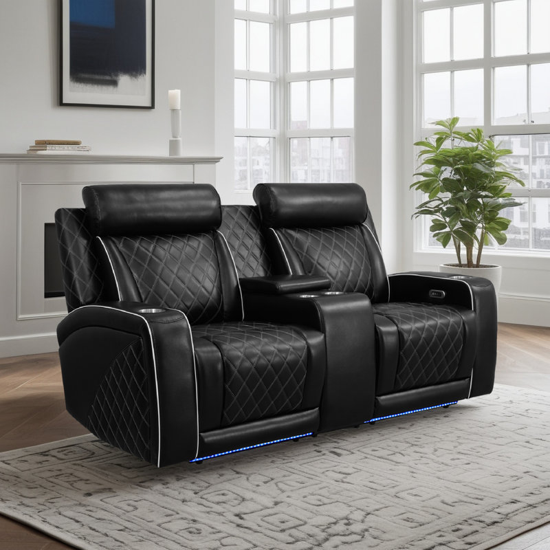 Causeuse inclinable en cuir 72,6 po avec console, USB, DEL et porte-gobelet