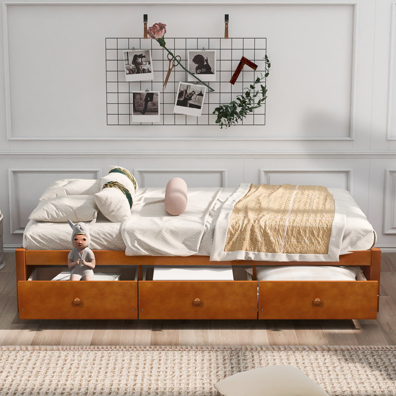 Lit plateforme simple avec rangement et 3 tiroirs, Chêne