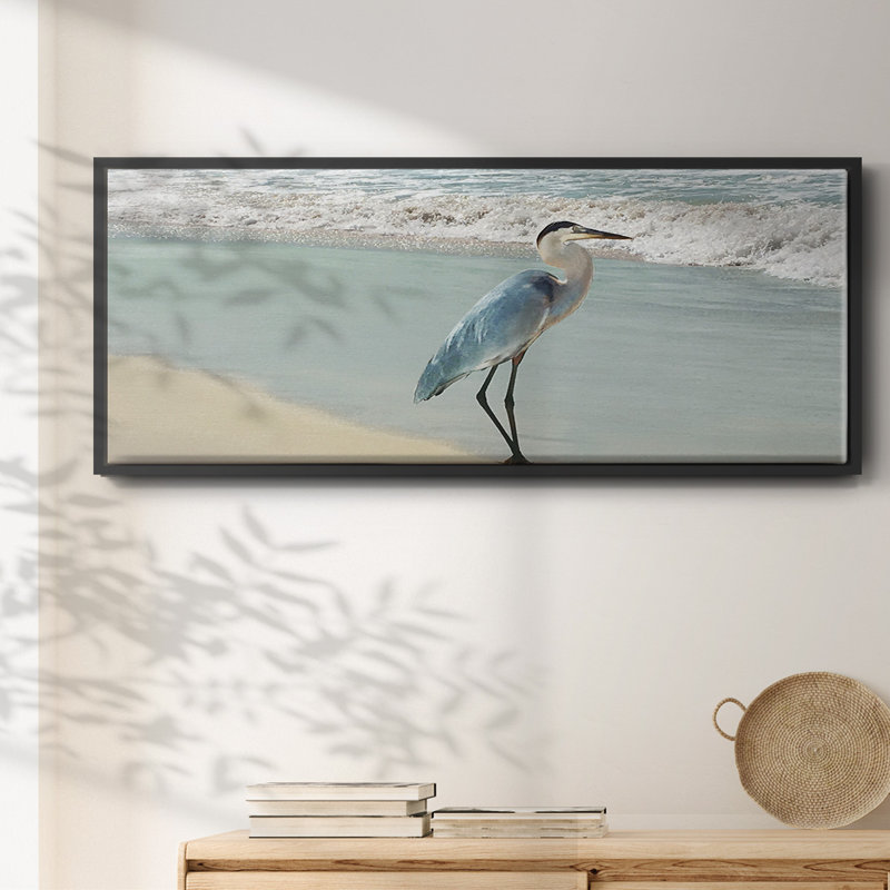 Beach Set Heron- Framed Canvas, 12" H x 30" W